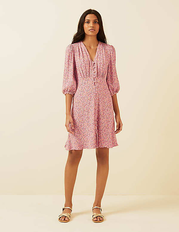 Floral V-Neck Button Through Mini Tea Dress