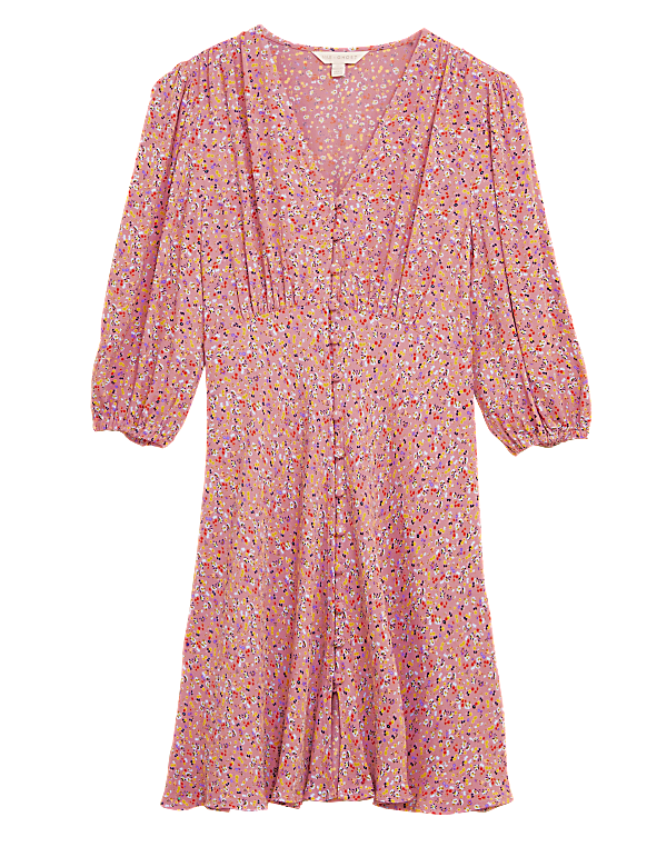 Floral V-Neck Button Through Mini Tea Dress