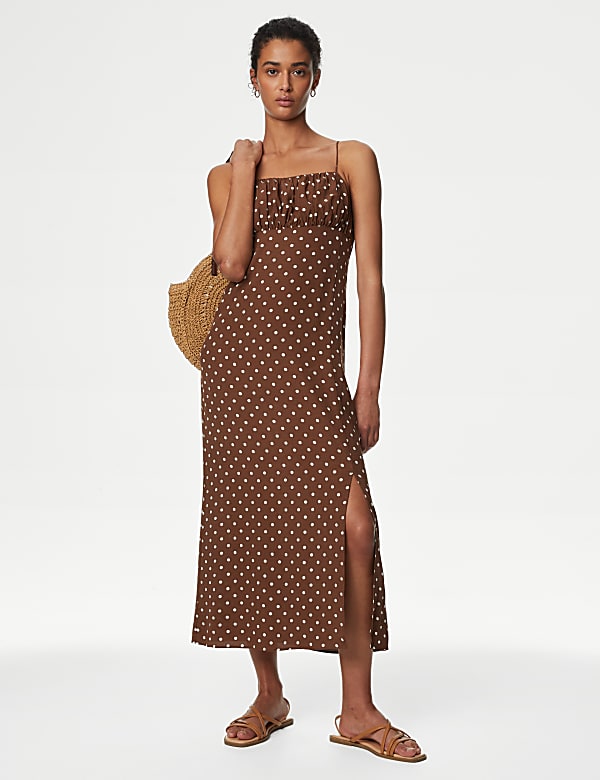 Polka Dot Square Neck Midi Slip Dress BROWN MIX Dresses M S HK