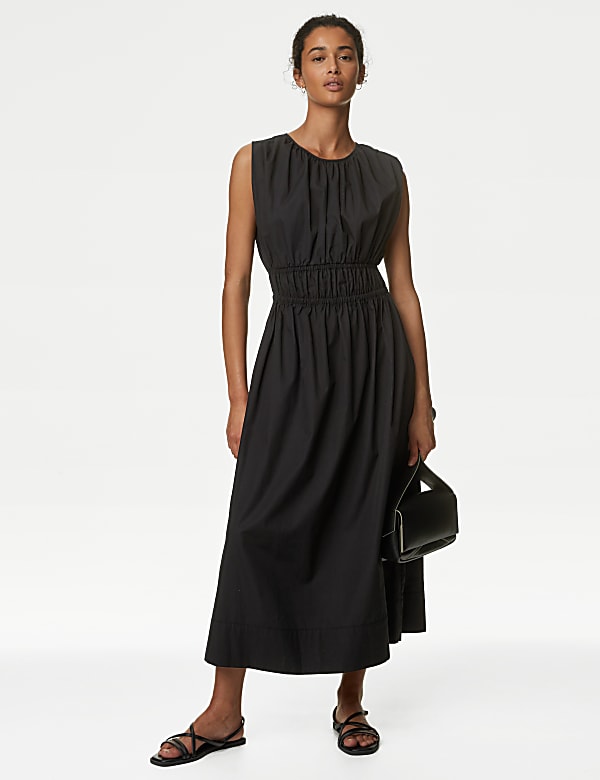Pure Cotton Midi Waisted Dress BLACK Dresses M S NL