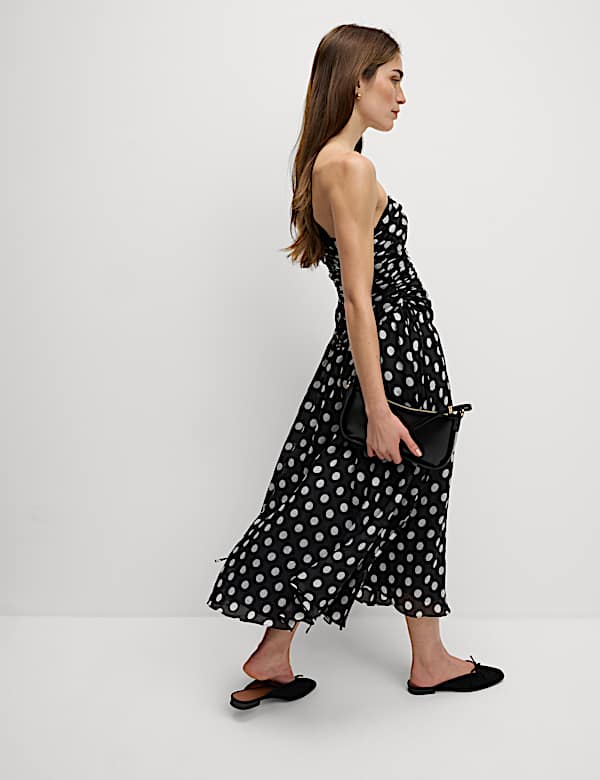 Lyocell Rich Polka Dot Sweetheart Neckline Maxi Waisted Dress