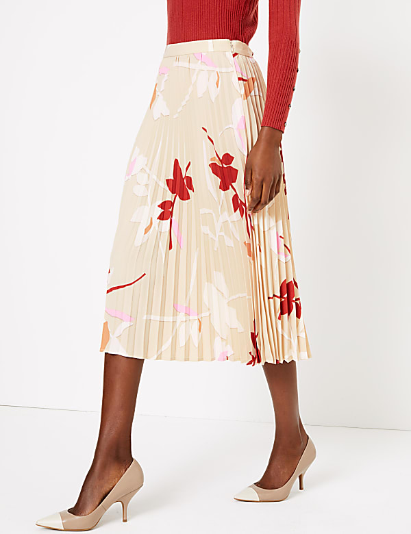 Leaf Print Pleated Midi Skirt