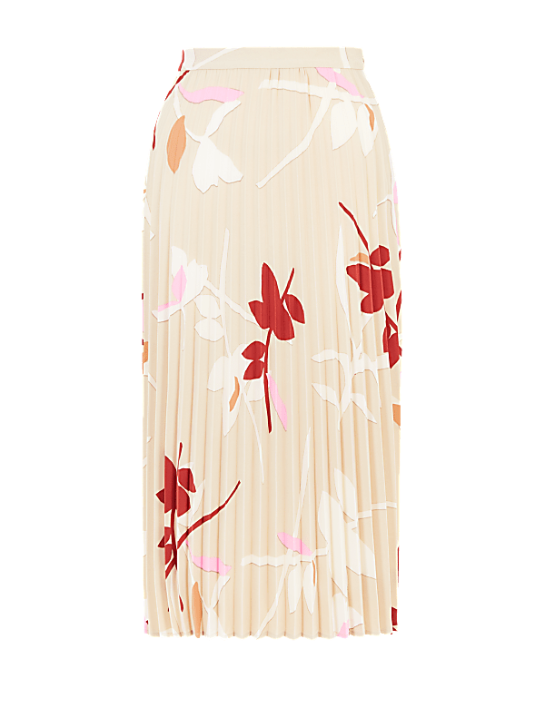 Leaf Print Pleated Midi Skirt