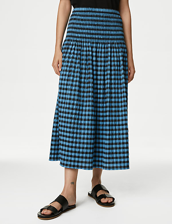 Cotton Blend Checked Midi A-Line Skirt
