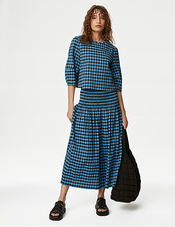 Cotton Blend Checked Midi A-Line Skirt