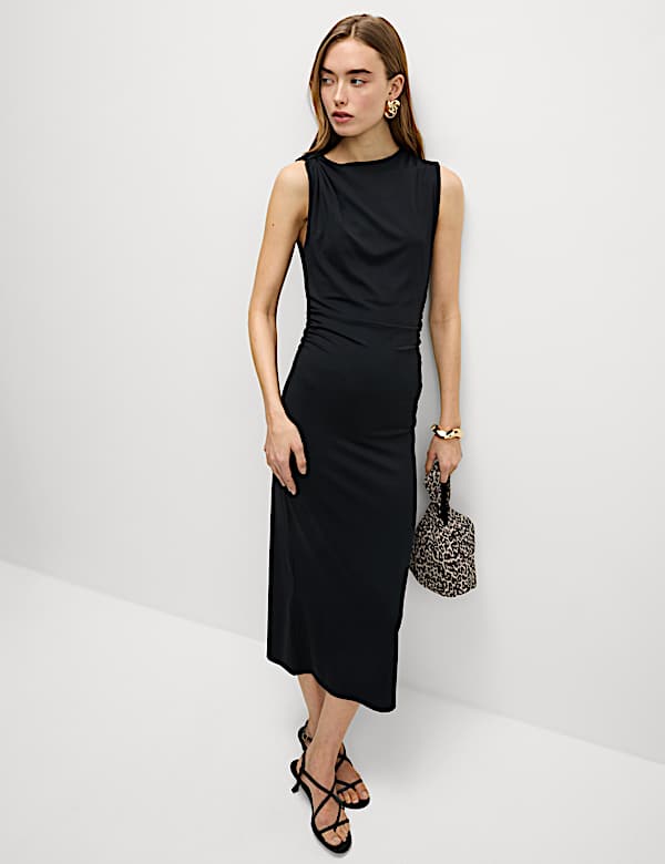 Round Neck Ruched Midi Bodycon Dress - MX