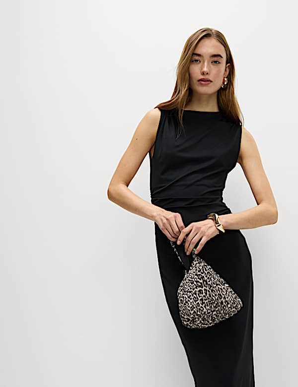 Round Neck Ruched Midi Bodycon Dress - RS