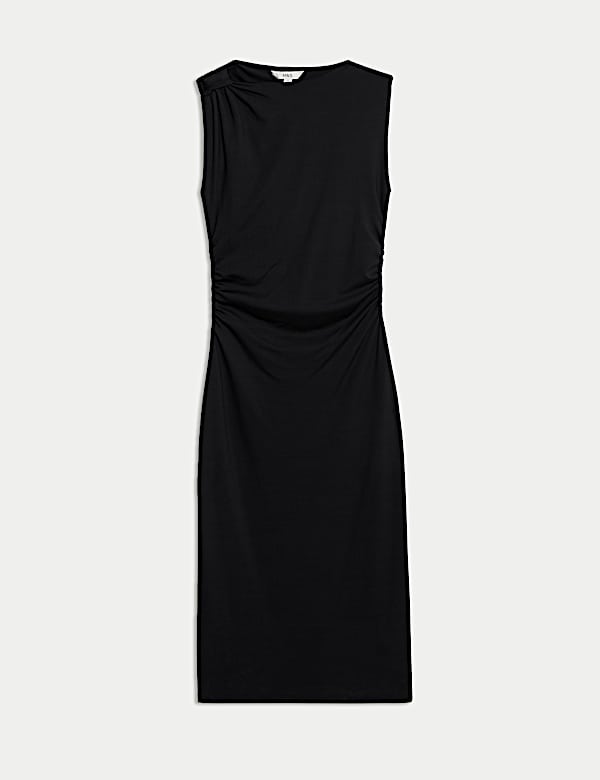 Round Neck Ruched Midi Bodycon Dress - RS
