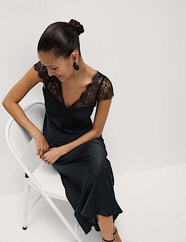 Lace V-Neck Midi Slip Dress - BE