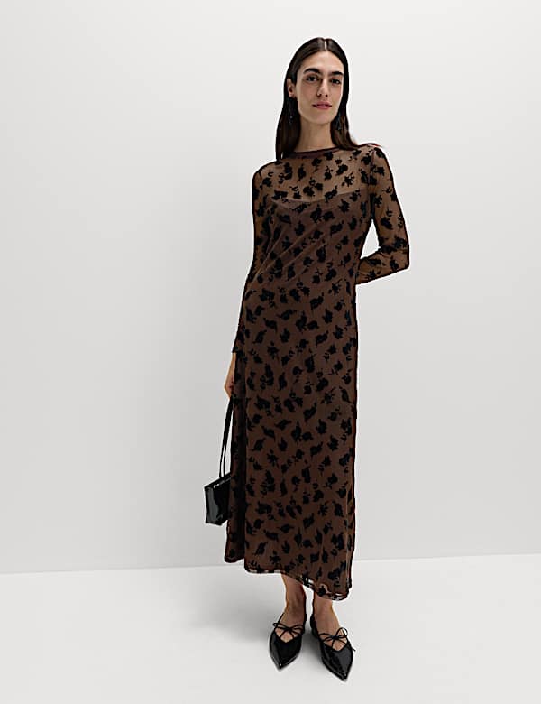 Devoré Floral Round Neck Midaxi Dress - MX