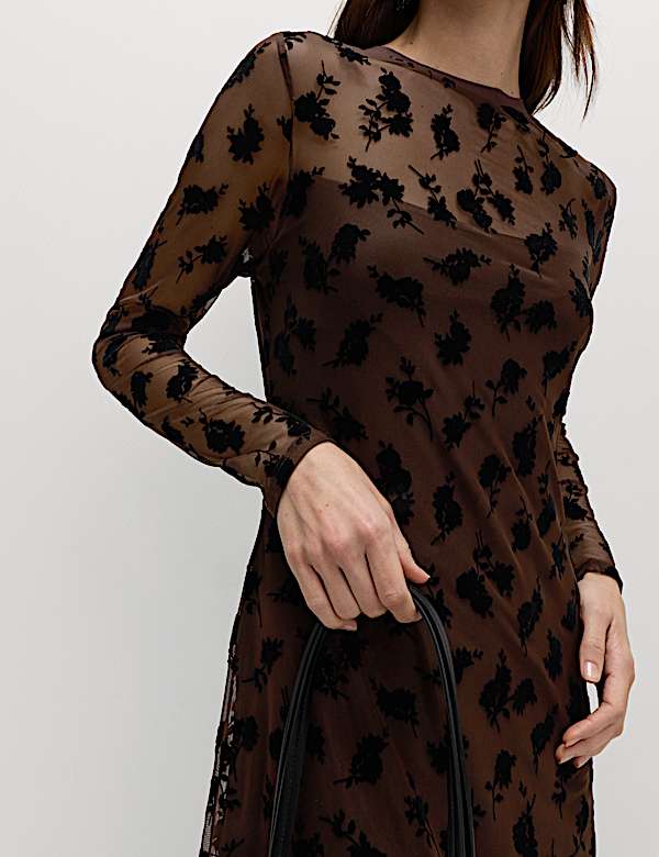 Geblümtes Midaxikleid aus Devoré mit Rundhalsausschnitt - AT