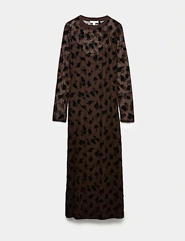 Geblümtes Midaxikleid aus Devoré mit Rundhalsausschnitt - AT