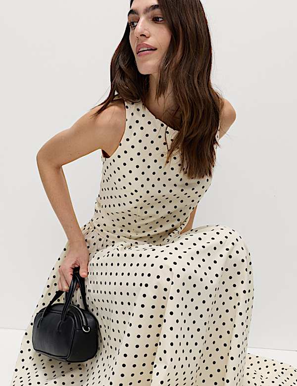 Polka Dot Round Neck Midaxi Waisted Dress - GR