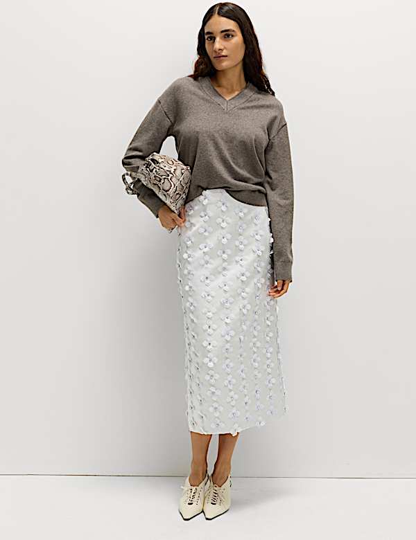 Floral Embellished Midi Pencil Skirt