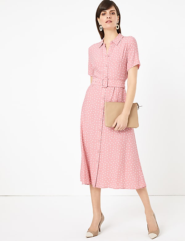 Polka Dot Belted Midaxi Shirt Dress