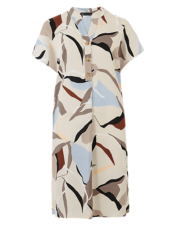 Satin Crepe Printed V-Neck Shift Dress