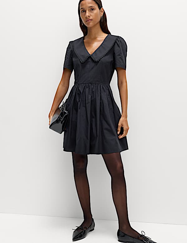 Pure Cotton Peter Pan Collar Mini Smock Dress - AT