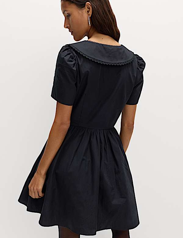 Pure Cotton Peter Pan Collar Mini Smock Dress - AT