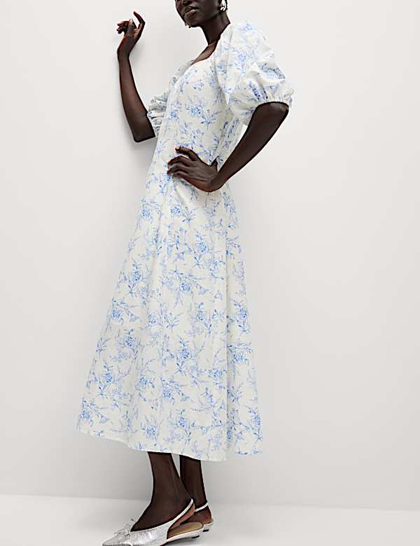 Linen Rich Printed Square Neck Midaxi Dress - BG