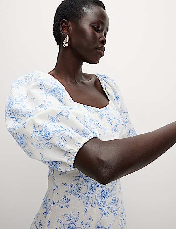 Linen Rich Printed Square Neck Midaxi Dress - BG