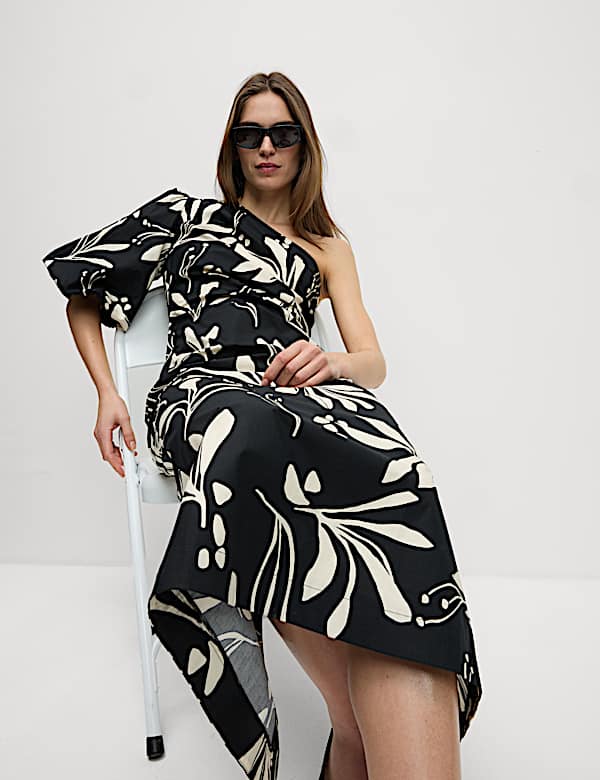 Pure Cotton Floral One Shoulder Midaxi Column Dress - US