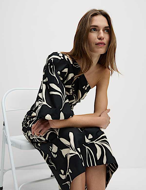 Pure Cotton Floral One Shoulder Midaxi Column Dress - ID