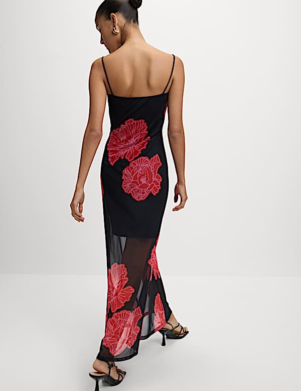 Floral Mesh Strappy Midi Bodycon Dress - JE