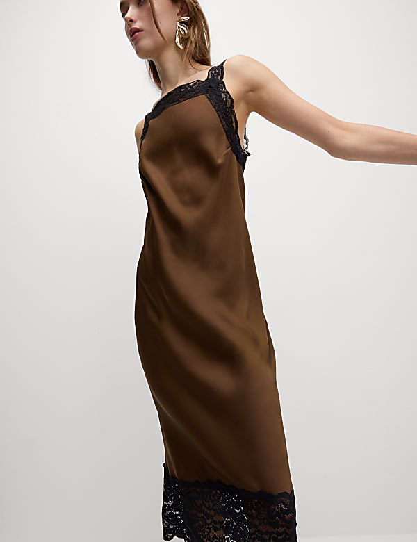 Satin Lace Square Neck Midaxi Slip Dress - US