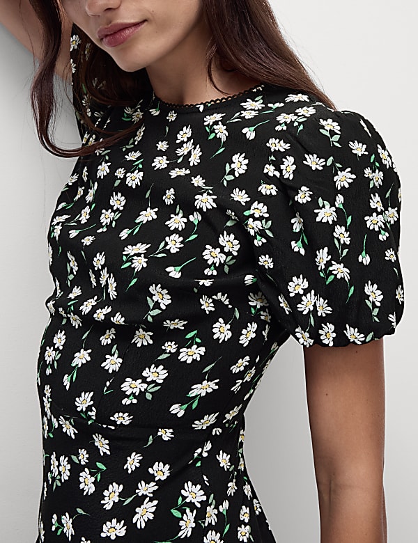 Floral Round Neck Tie Detail Midaxi Tea Dress