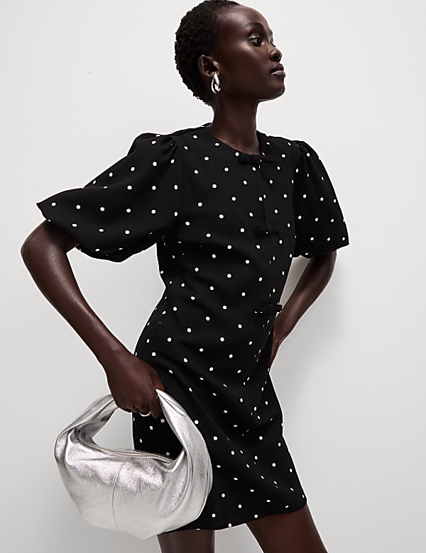 Polka Dot Puff Sleeve Mini Column Dress BLACK MIX Dresses M S CA