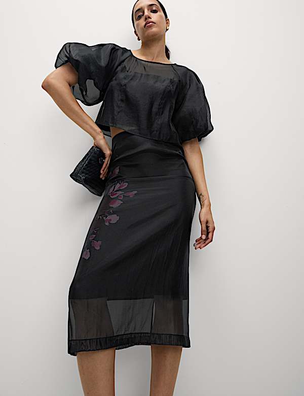 Organza Floral Midi Pencil Skirt - CY
