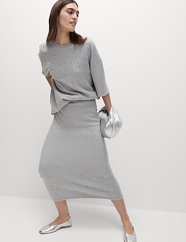 Embellished Midaxi Column Skirt with Cotton GREY Skirts M S FI