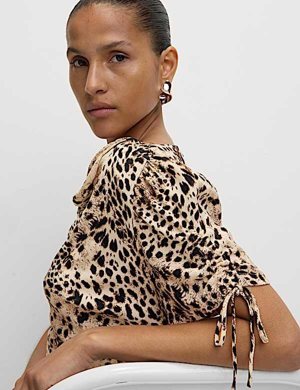 Animal Print Ruched Sleeve Midaxi Dress