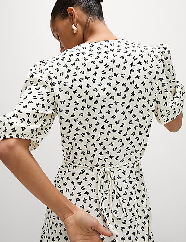 Printed V-Neck Puff Sleeve Midi Tea Dress - AT