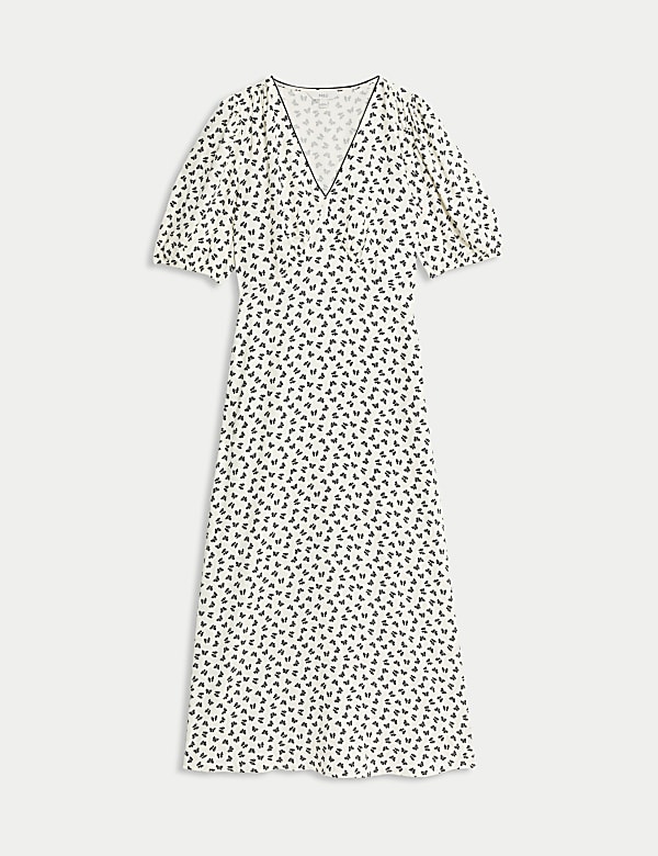 Printed V-Neck Puff Sleeve Midi Tea Dress - AT