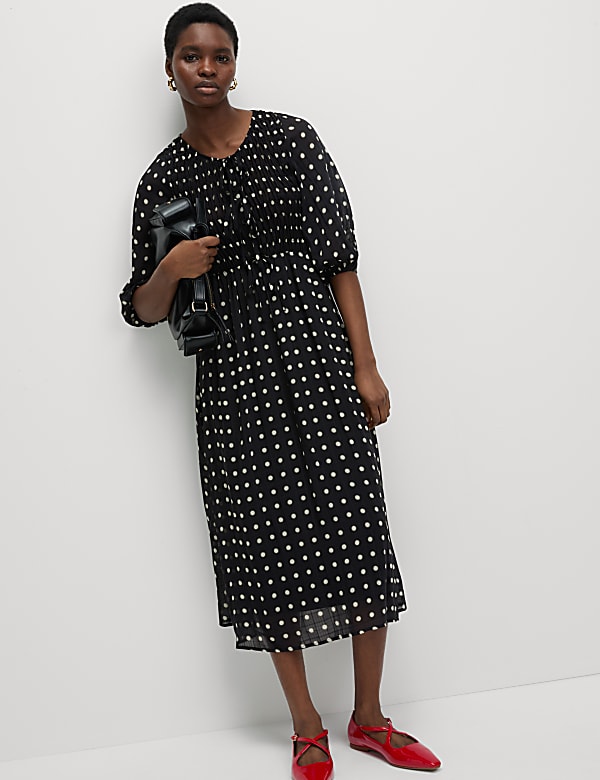 Printed Tie Front Midaxi Shirred Dress - GR