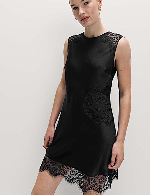 Round Neck Lace Insert Mini Shift Dress - JE