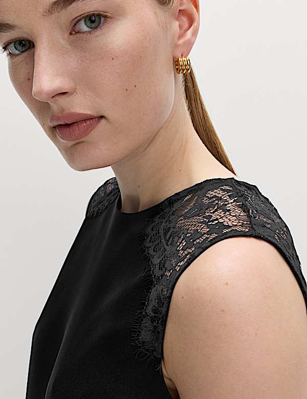 Round Neck Lace Insert Mini Shift Dress - JE