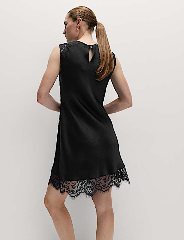 Round Neck Lace Insert Mini Shift Dress - JE