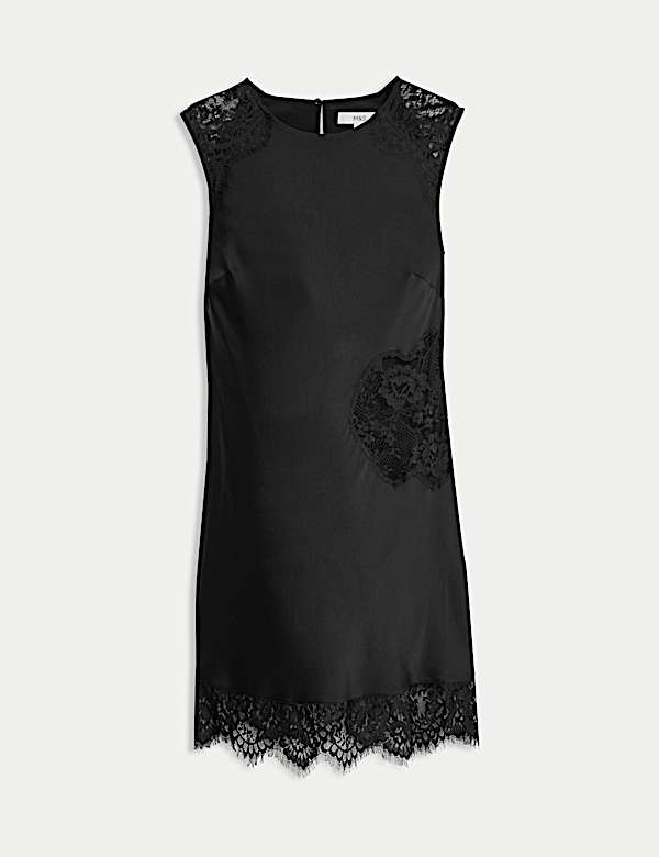 Round Neck Lace Insert Mini Shift Dress - JE