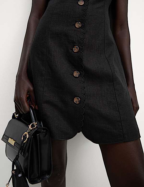 Linen Blend Button Through Mini Shift Dress