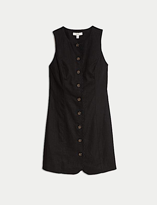 Linen Blend Button Through Mini Shift Dress - AL