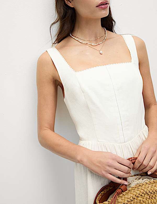 Linen Blend Square Neck Midi Skater Dress - RO