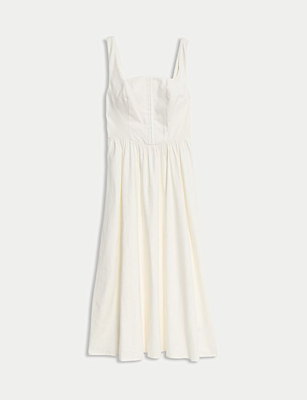 Linen Blend Square Neck Midi Skater Dress - RO