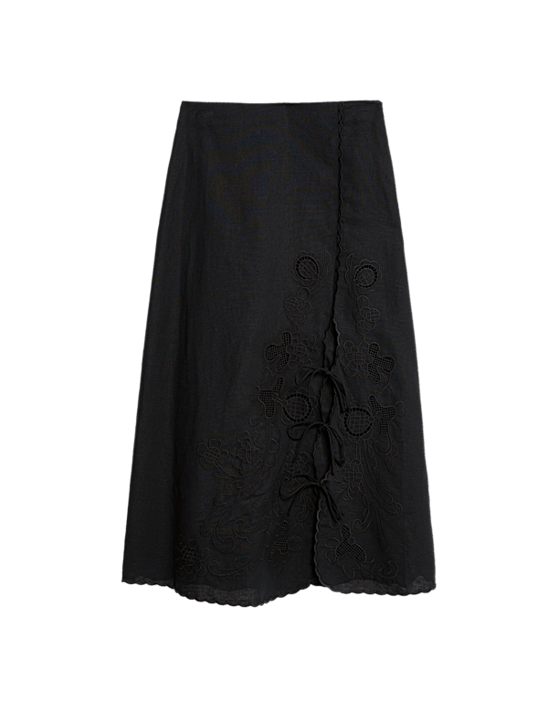 Linen Embroidered Tie Detail Skirt