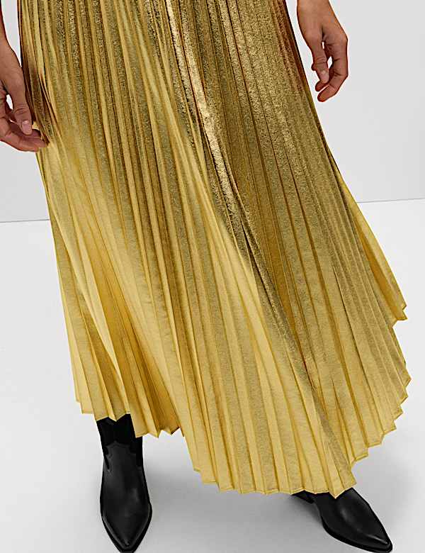 Metallic Gold Pleated Midi Skirt - US