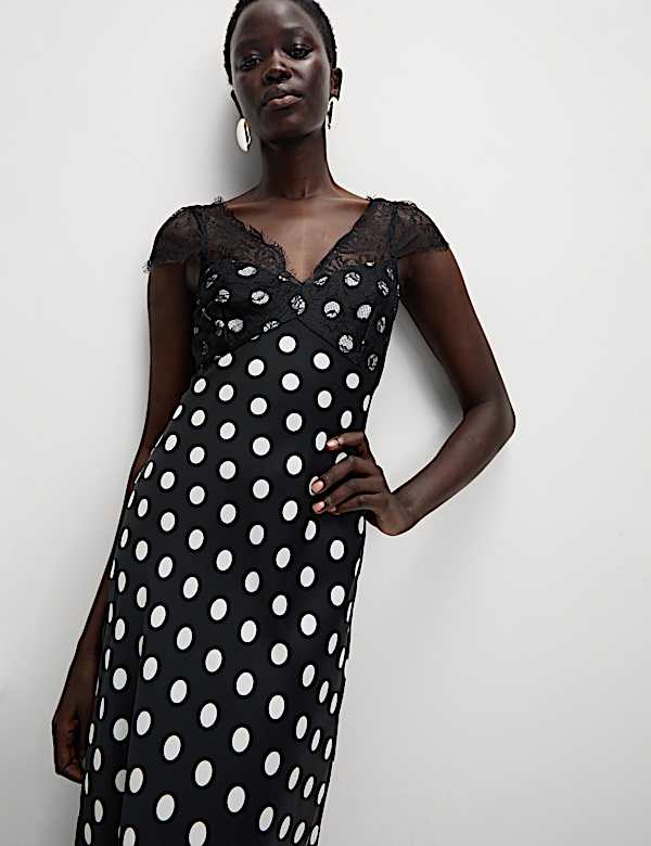 Polka Dot V-Neck Lace Detail Midaxi Tea Dress - MV