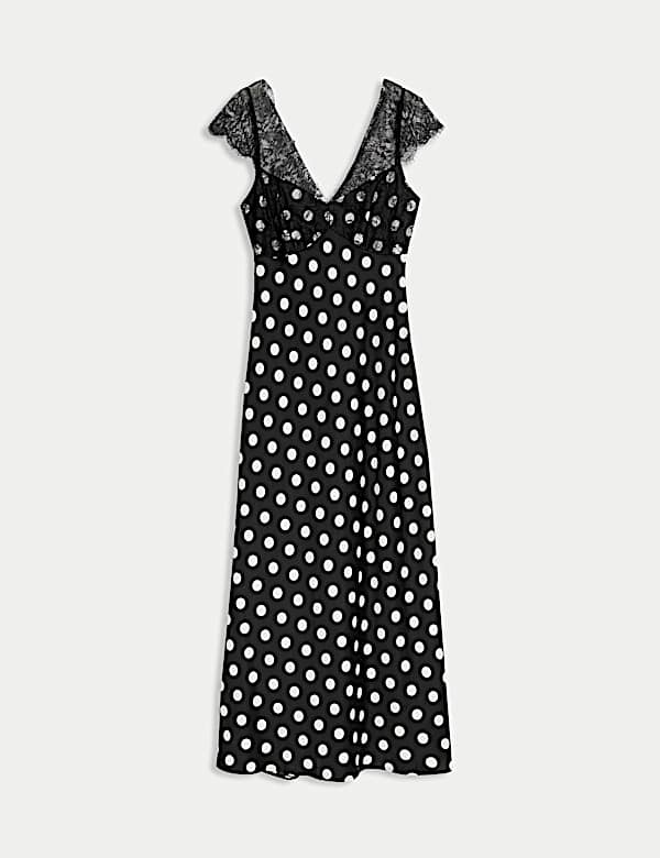 Polka Dot V-Neck Lace Detail Midaxi Tea Dress - MV