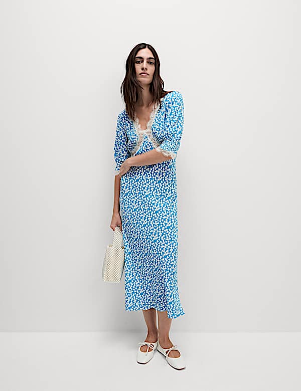 Printed V-Neck Lace Insert Midaxi Tea Dress