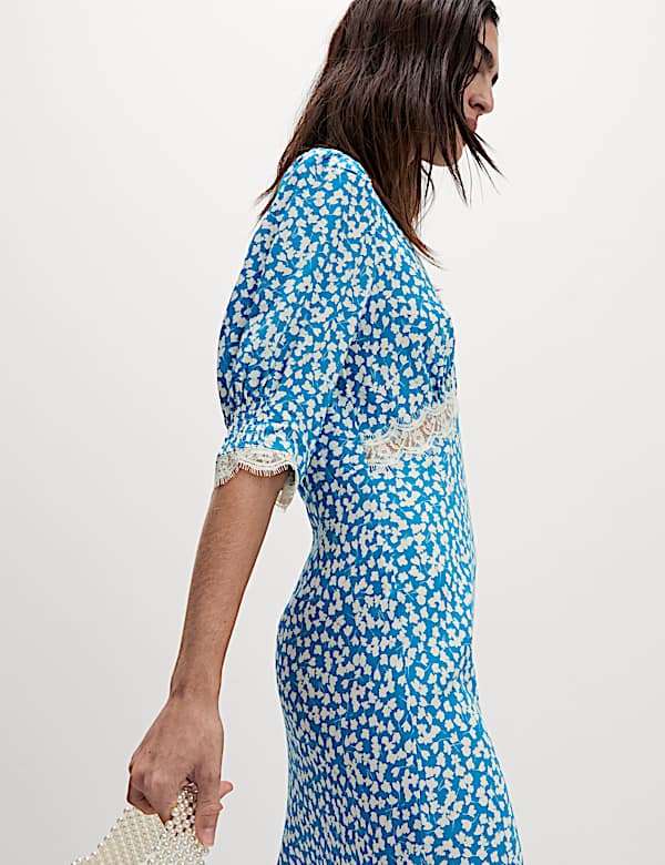 Printed V-Neck Lace Insert Midaxi Tea Dress
